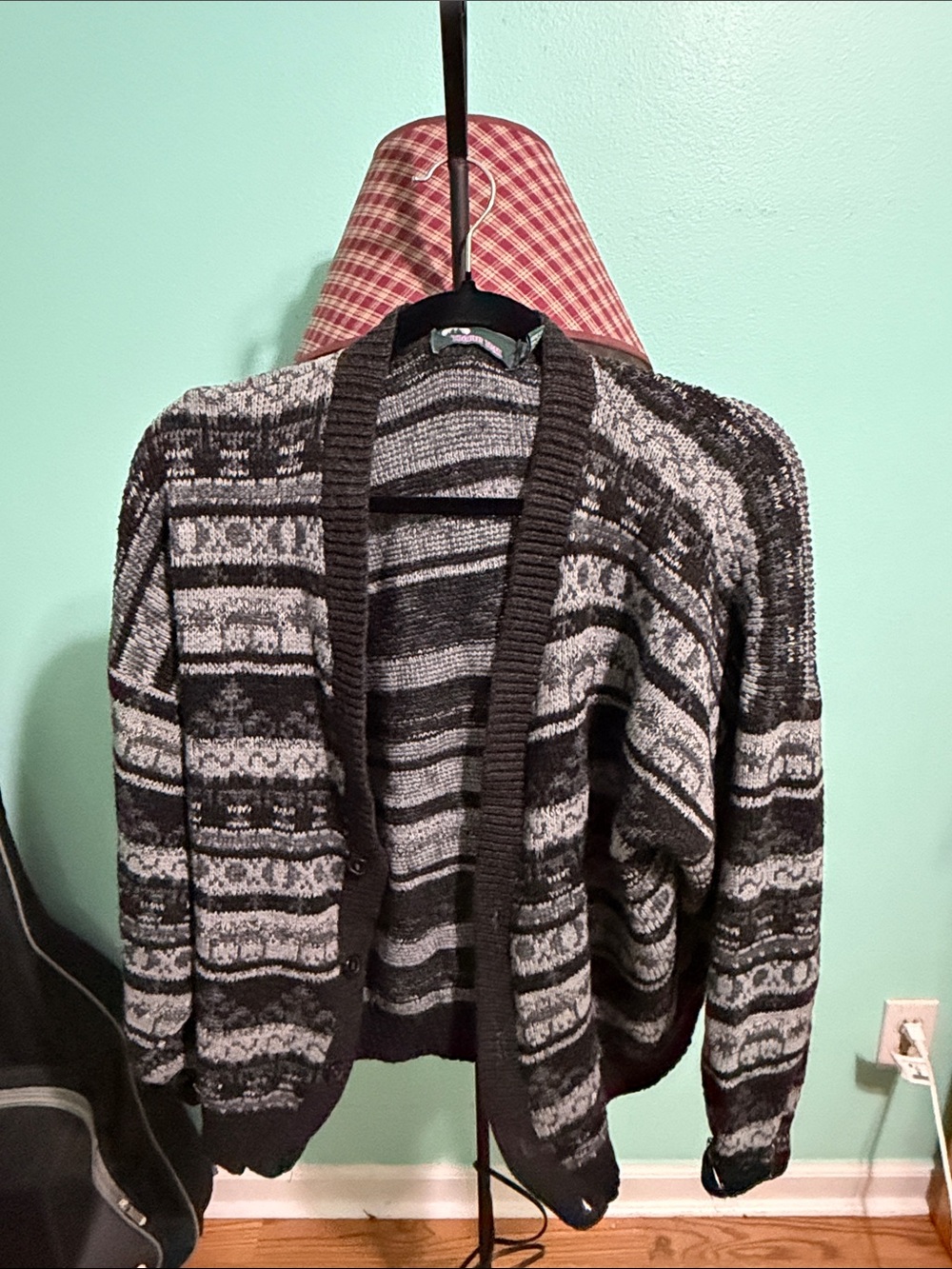 Oversized Black & Gray Patterned Open-Front Women's Sweater Cardigan